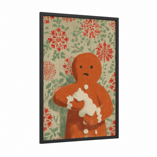 Melancholy Gingerbread framed christmas print — black wood frame — red and green palette