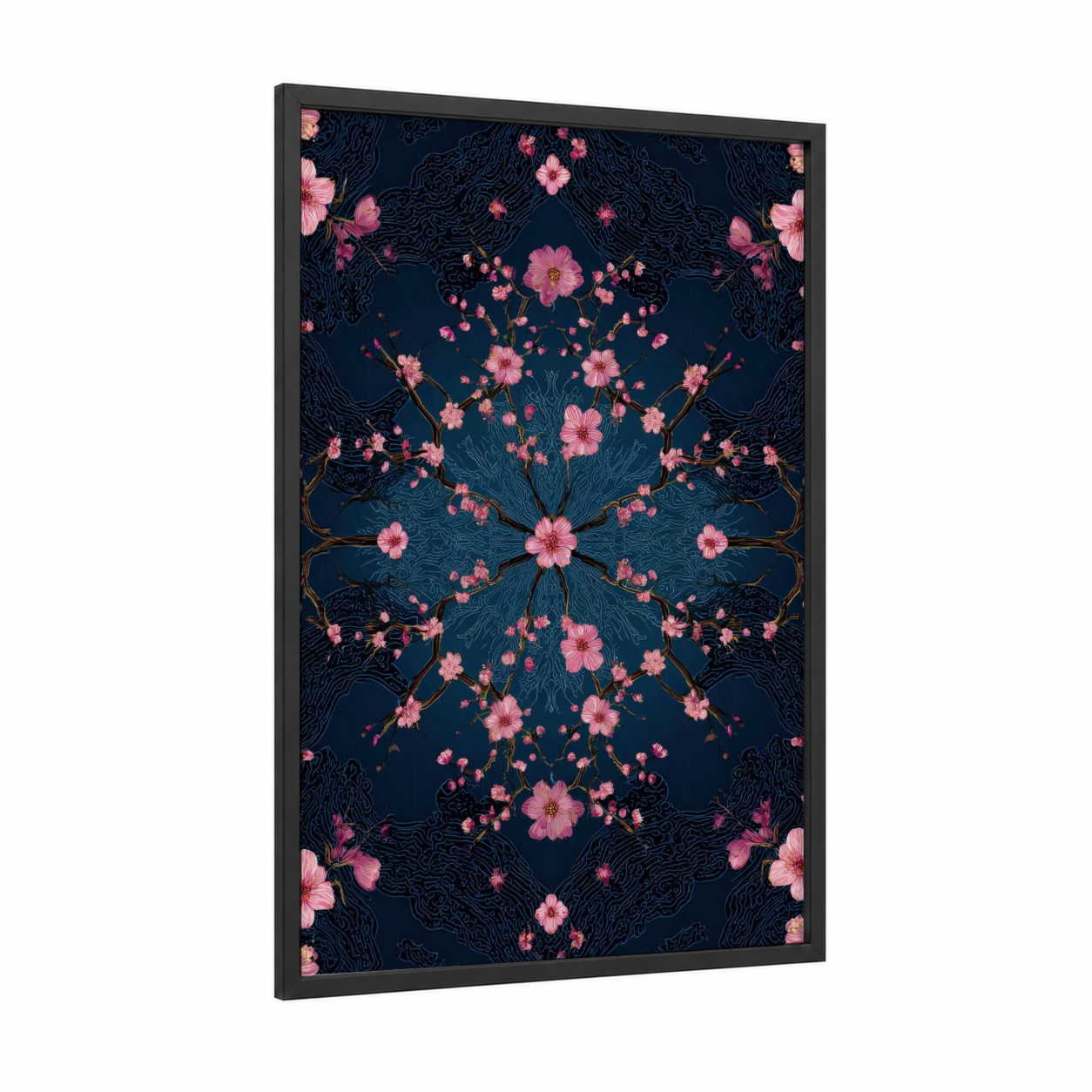 Midnight Bloom Kaleidoscope framed japanese psychedelic print — black wood frame — dark blue and pink palette