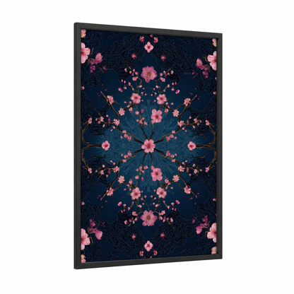 Midnight Bloom Kaleidoscope framed japanese psychedelic print — black wood frame — dark blue and pink palette