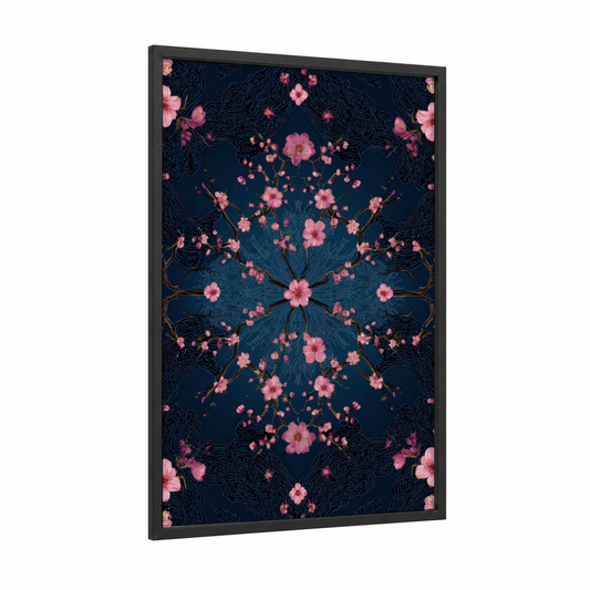 Midnight Bloom Kaleidoscope framed japanese psychedelic print — black wood frame — dark blue and pink palette