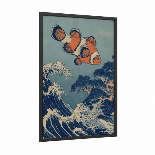 Clown Fish Wave framed art print — black wood frame — blue and white and orange palette