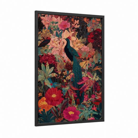 Jeweled Phoenix Garden framed art print — black wood frame — magenta and gold palette