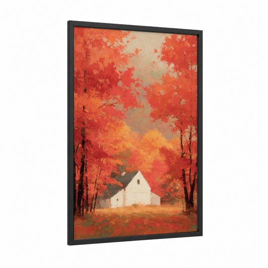 Autumn Barn Solitude framed art print — black wood frame — red and orange palette