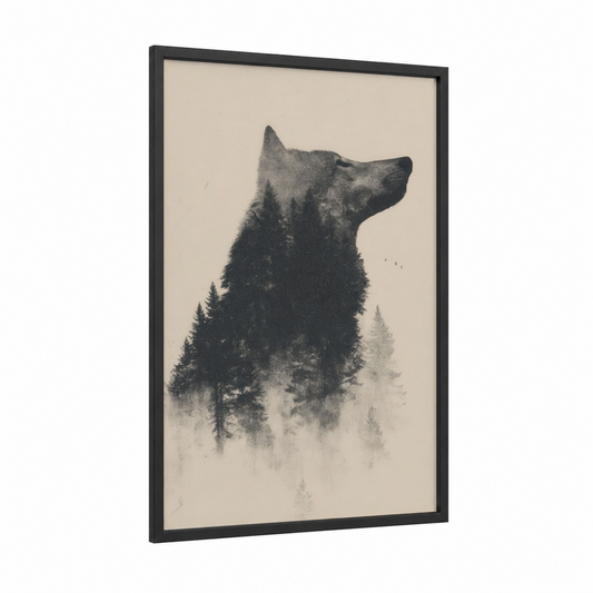 Forest Wolf framed art print — black wood frame — black and white and gray palette