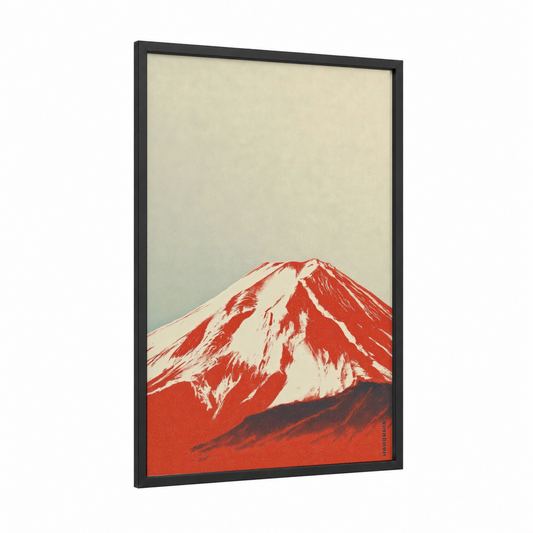 Crimson Fuji framed mount fuji print — black wood frame — red and cream palette