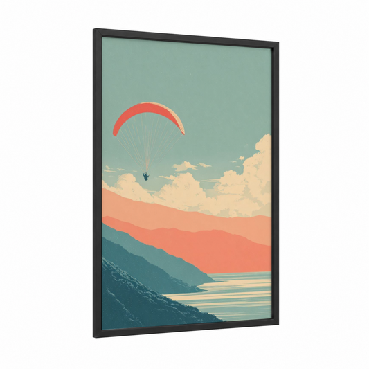 Crimson Paraglider framed paragliding print — black wood frame — salmon pink and teal palette