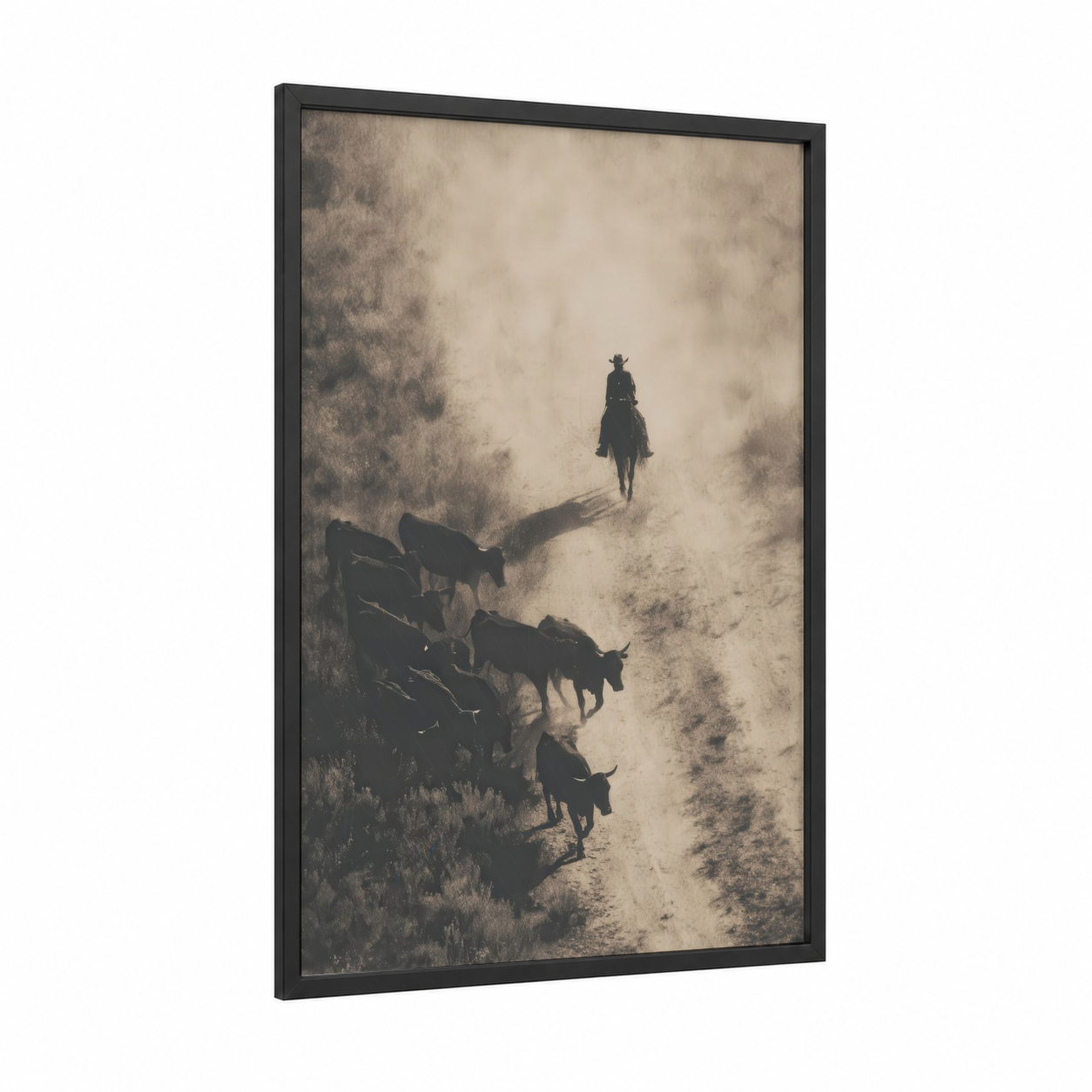 Desert Horseman framed horseback print — black wood frame — black and white and cream palette