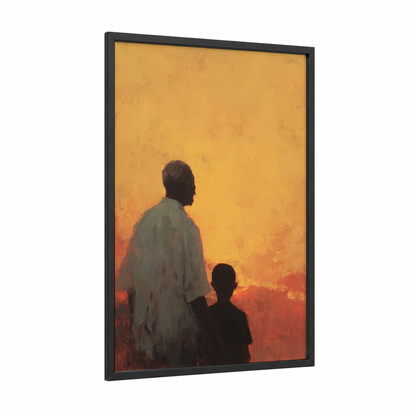 Golden Remembrance framed juneteenth print — black wood frame — yellow gold and orange palette