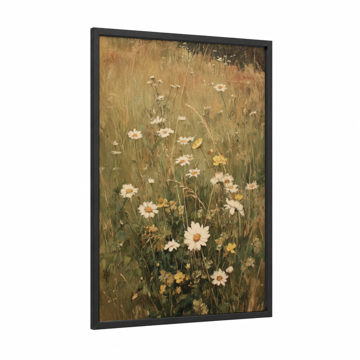 Daisy Meadow framed flower field print — black wood frame — cream and sage green palette