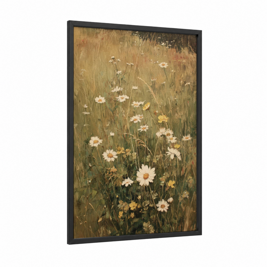 Daisy Meadow framed flower field print — black wood frame — cream and sage green palette