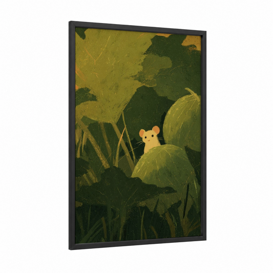Hidden Harvest Mouse framed fruit print — black wood frame — light green and mustard palette