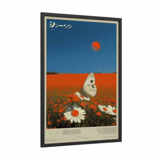 Poppy Dream framed japanese y2k print — black wood frame — blue and orange palette