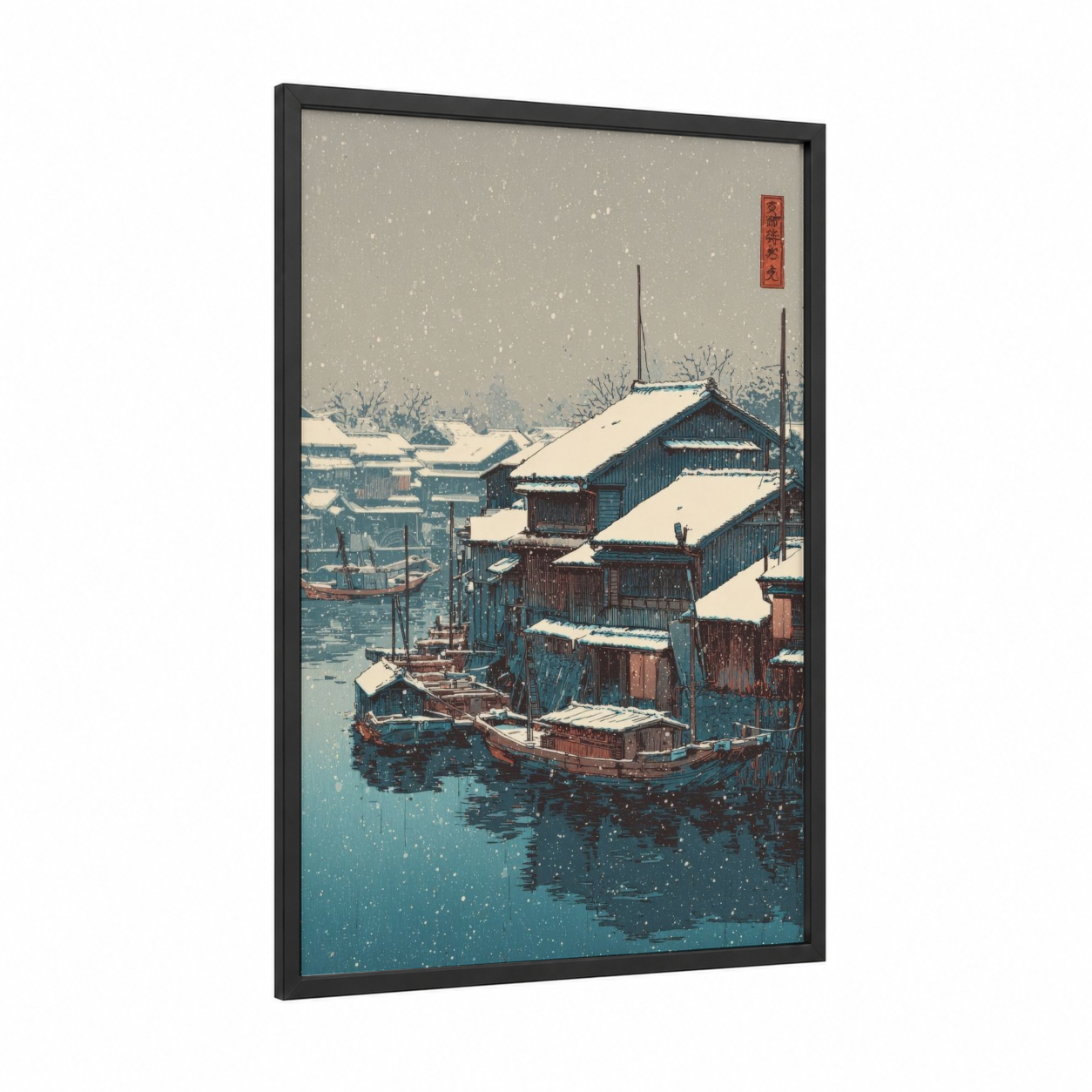 Snowy Harbor Dock framed port print — black wood frame — blue and white and dove gray palette