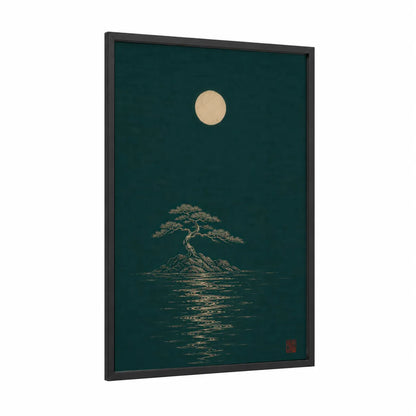 Bonsai Tree Under Moon Wall Art framed art print — black wood frame — dark green and champagne gold palette