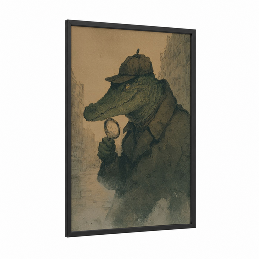 Detective Alligator framed art print — black wood frame — espresso and beige palette