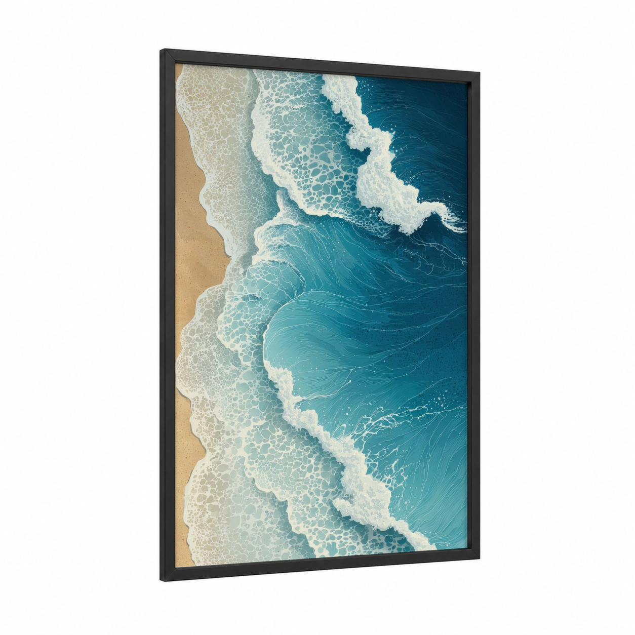Aerial Ocean Waves framed seascapes and ocean print — black wood frame — teal and beige palette