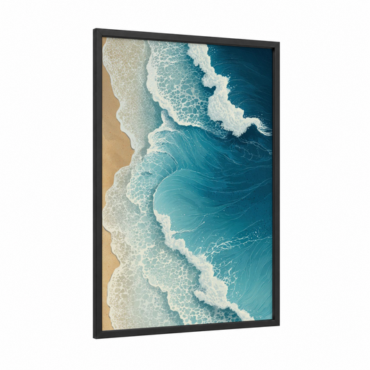 Aerial Ocean Waves framed seascapes and ocean print — black wood frame — teal and beige palette
