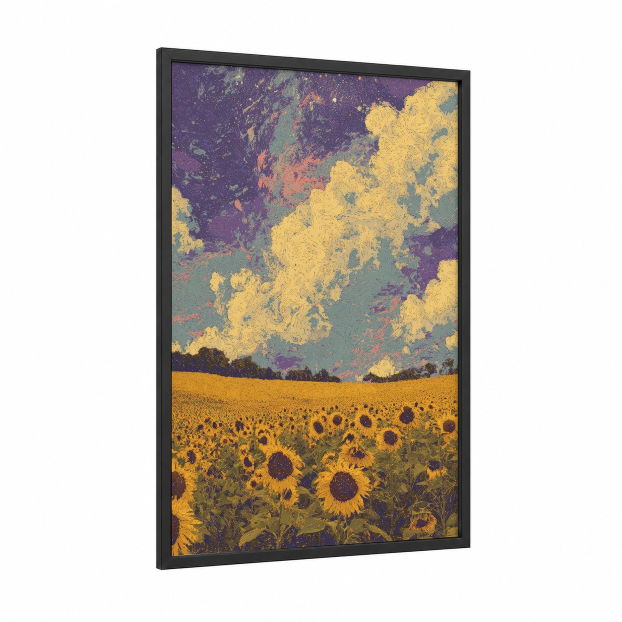 Golden Sunflower Field framed art print — black wood frame — yellow gold and purple palette
