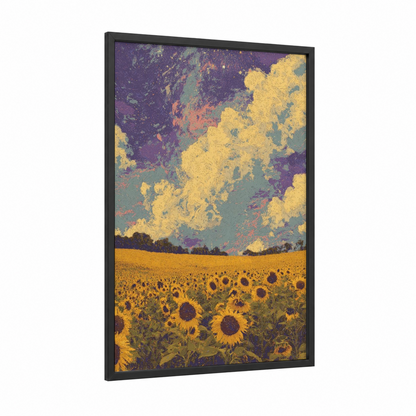 Golden Sunflower Field framed art print — black wood frame — yellow gold and purple palette