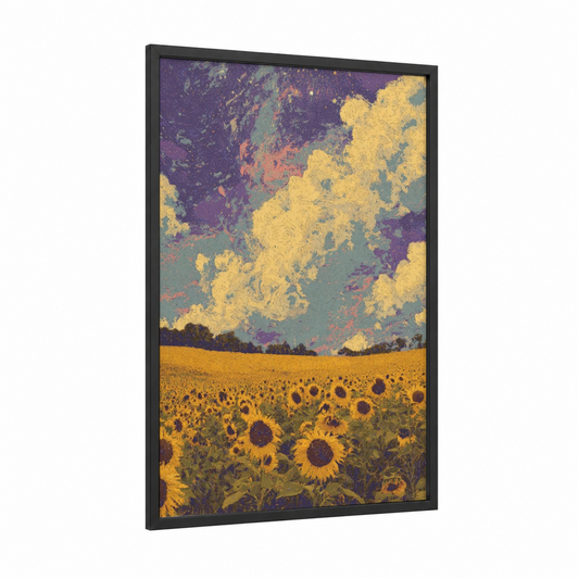 Golden Sunflower Field framed art print — black wood frame — yellow gold and purple palette