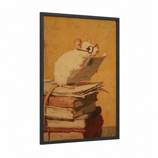 Scholarly Mouse framed mice print — black wood frame — gold and cream palette