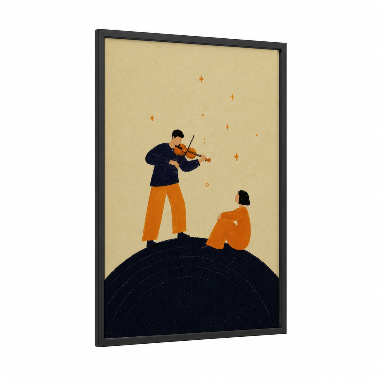Violin Serenade Under Stars Wall Art framed art print — black wood frame — orange and beige palette