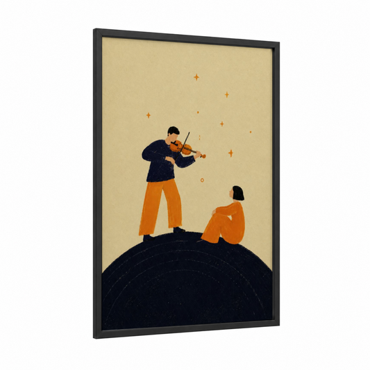 Violin Serenade Under Stars Wall Art framed art print — black wood frame — orange and beige palette