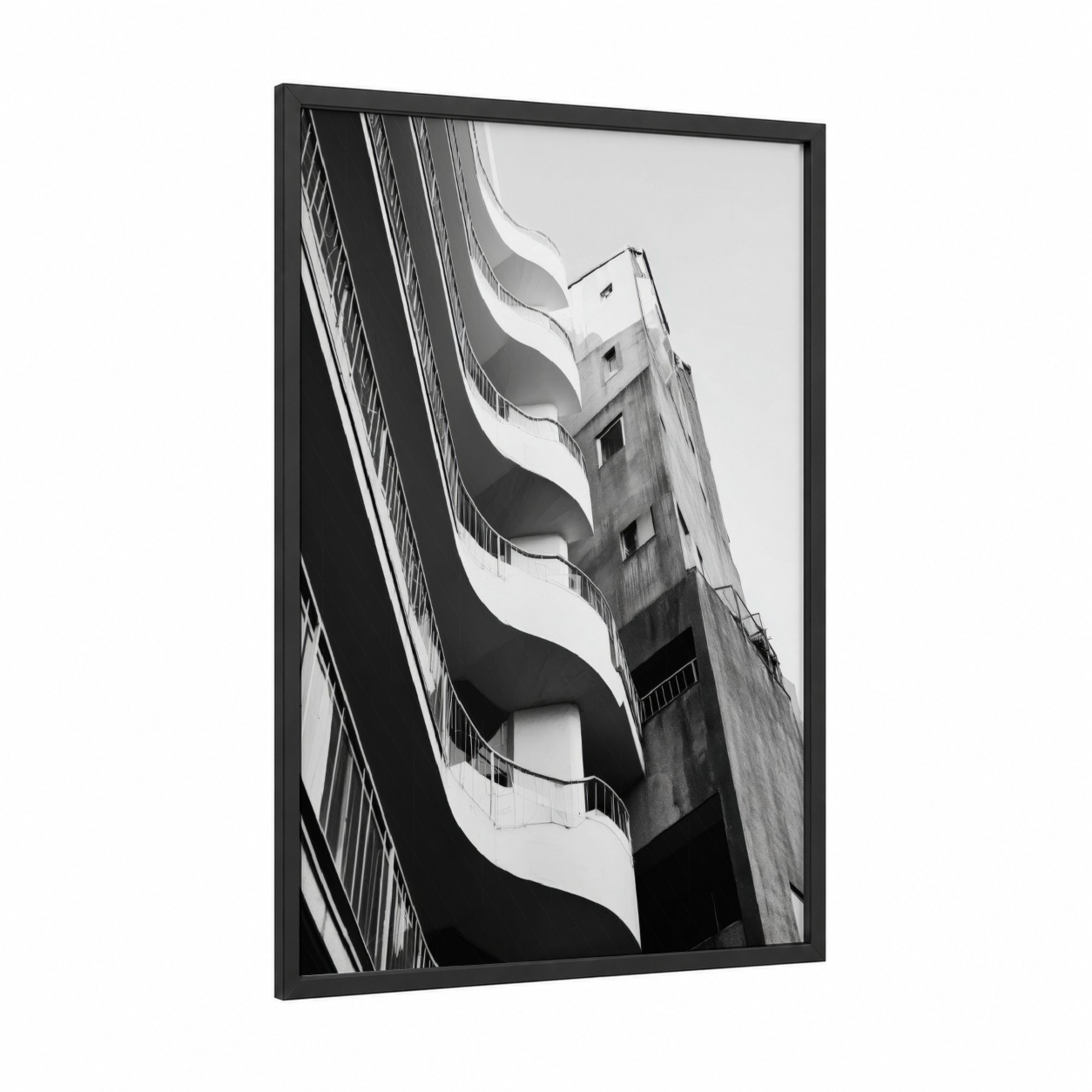 Curved Modernism framed abstract architecture print — black wood frame — black and white and gray palette