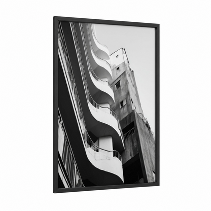 Curved Modernism framed abstract architecture print — black wood frame — black and white and gray palette