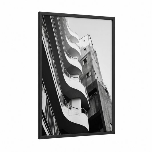 Curved Modernism framed abstract architecture print — black wood frame — black and white and gray palette