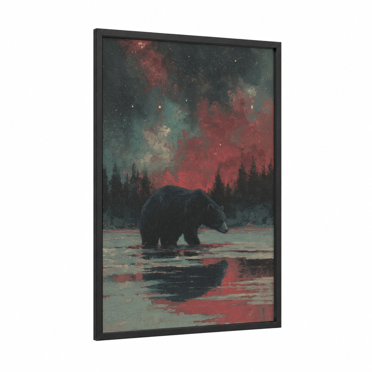 Aurora Grizzly framed grizzly bear print — black wood frame — red and teal palette