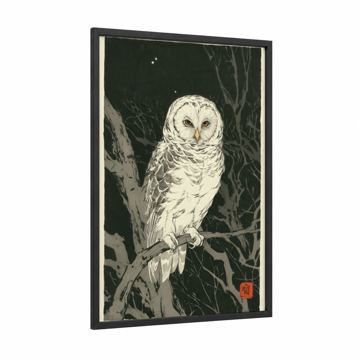 Snowy Owl Night framed art print — black wood frame — black and white and cream palette