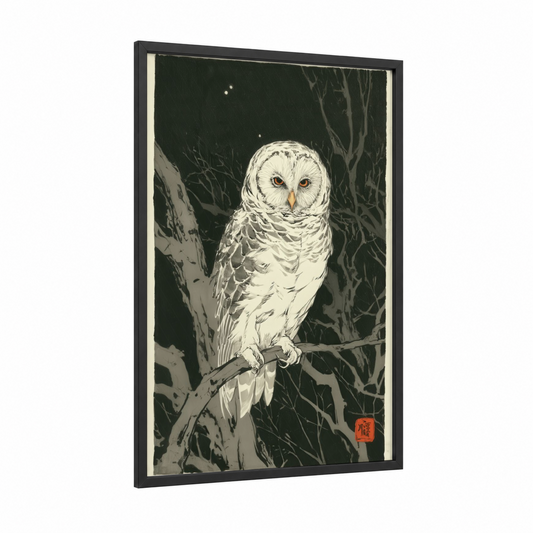 Snowy Owl Night framed art print — black wood frame — black and white and cream palette