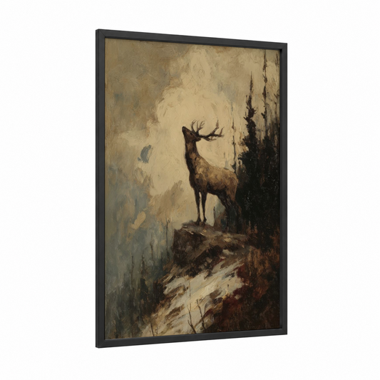 Mountain Reindeer framed art print — black wood frame — brown and cream palette