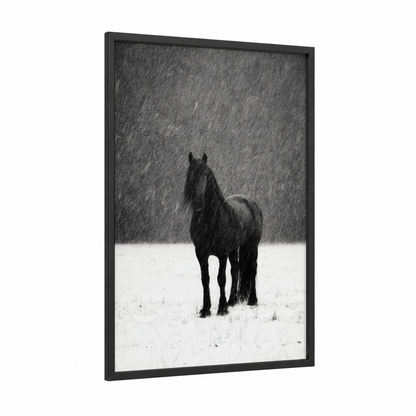 Snowy Friesian framed friesian horse print — black wood frame — black and white palette