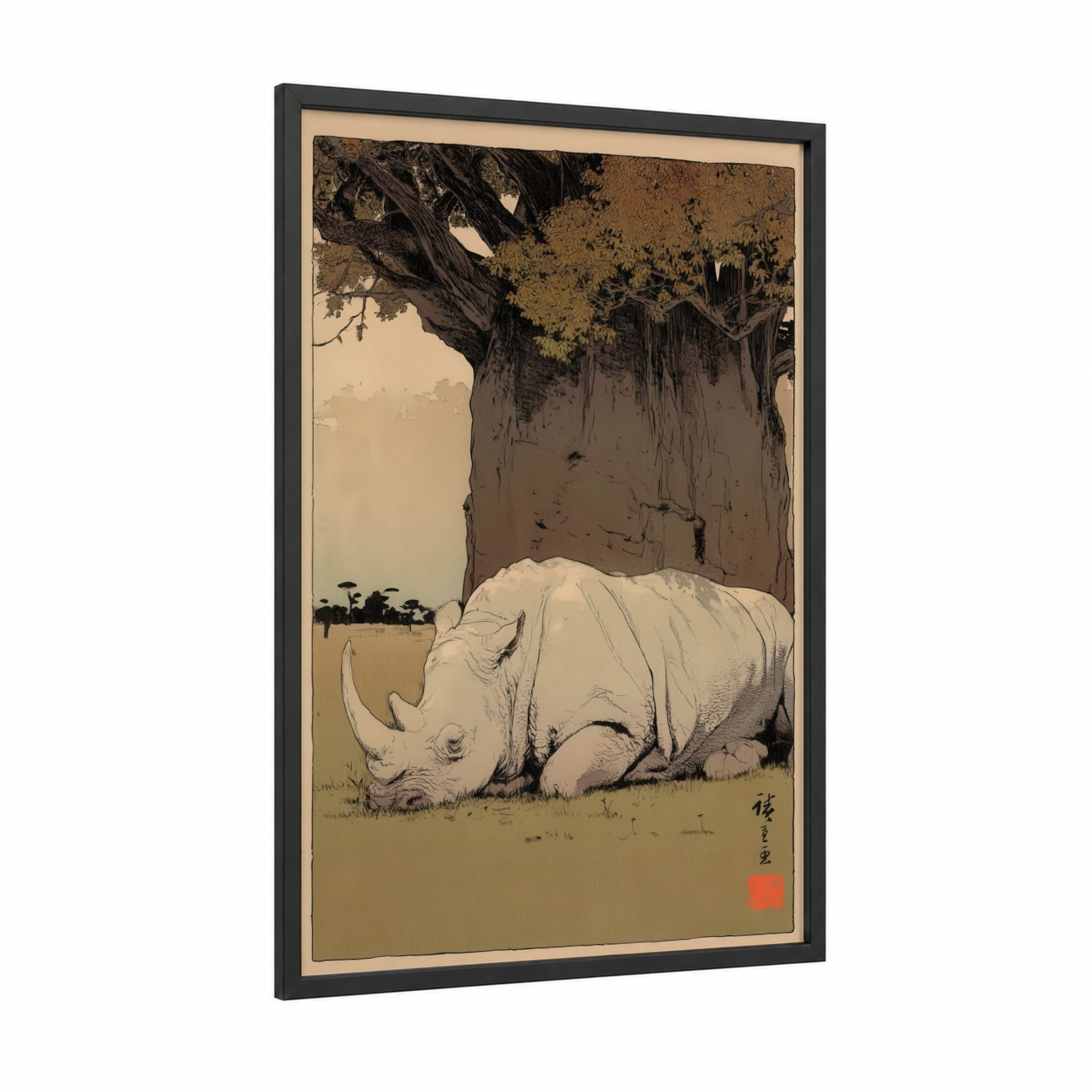 Ancient Rhino framed art print — black wood frame — cream and espresso palette