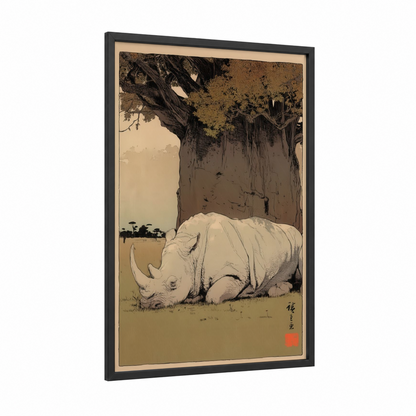 Ancient Rhino framed art print — black wood frame — cream and espresso palette