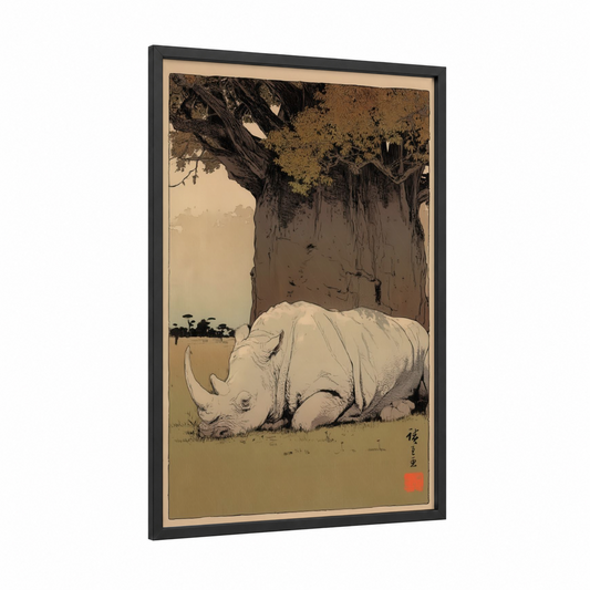Ancient Rhino framed art print — black wood frame — cream and espresso palette