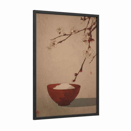 Zen Rice Bowl framed breakfast print — black wood frame — cream and russet palette