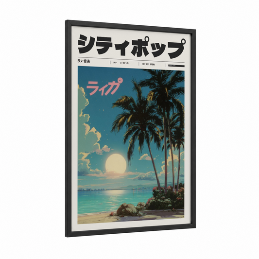 Tropical Sunset Life framed anime and manga print — black wood frame — blue and gold palette