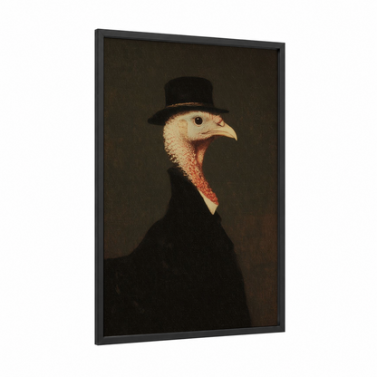 Dapper Turkey framed thanksgiving print — black wood frame — brown and gold palette