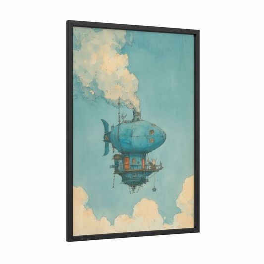 Steampunk Sky Vessel framed airship print — black wood frame — blue and white and cream palette