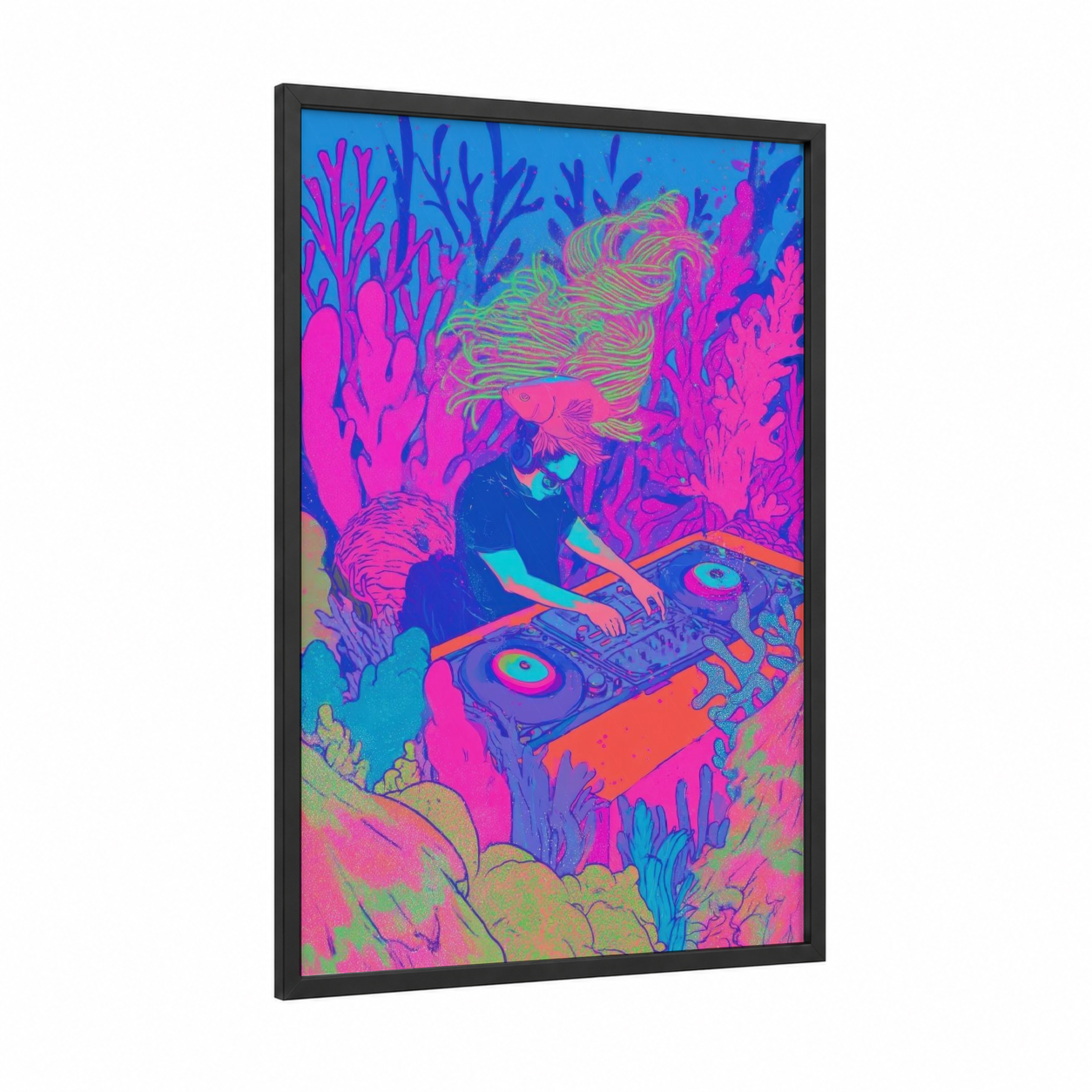 Neon DJ Fish framed fighting fish print — black wood frame — magenta and blue palette