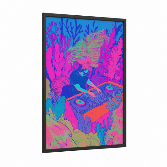 Neon DJ Fish framed fighting fish print — black wood frame — magenta and blue palette