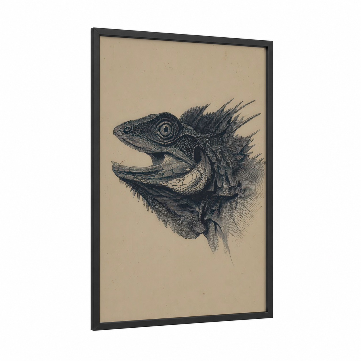 Crowned Basilisk framed art print — black wood frame — black and cream palette