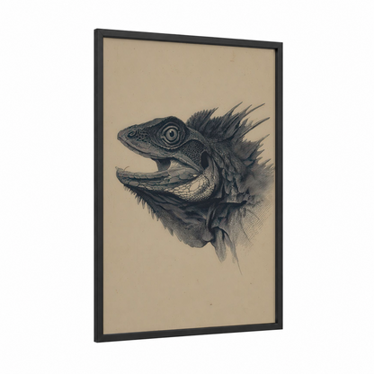 Crowned Basilisk framed art print — black wood frame — black and cream palette