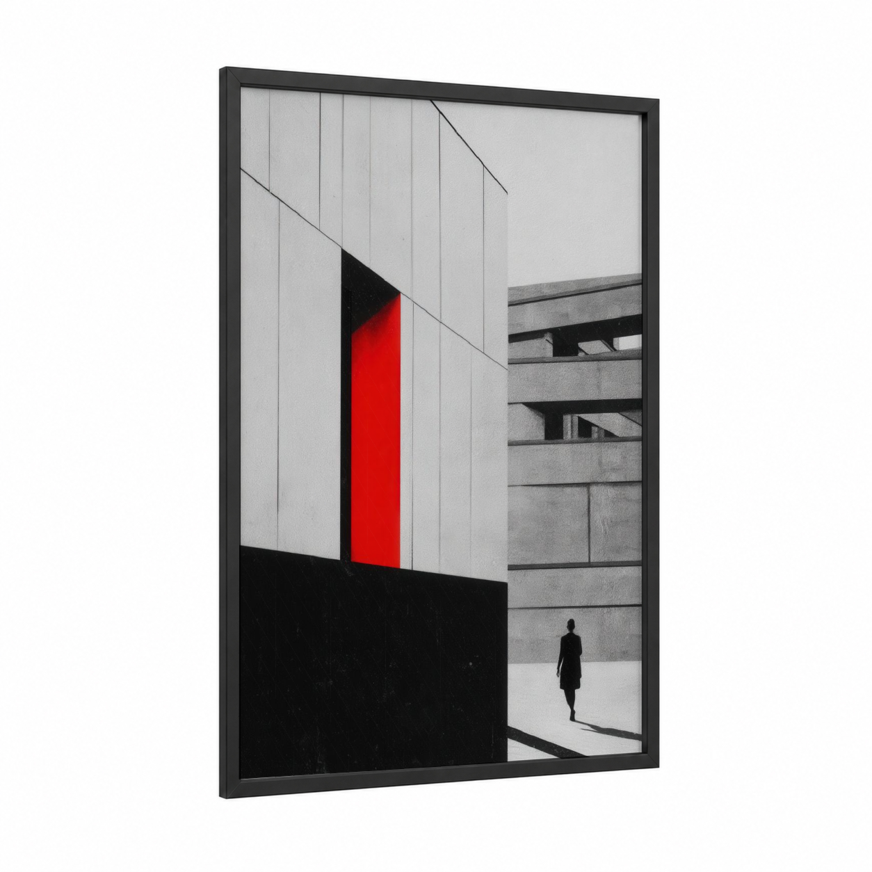 Red Door Passage framed abstract architecture print — black wood frame — black and white and red palette