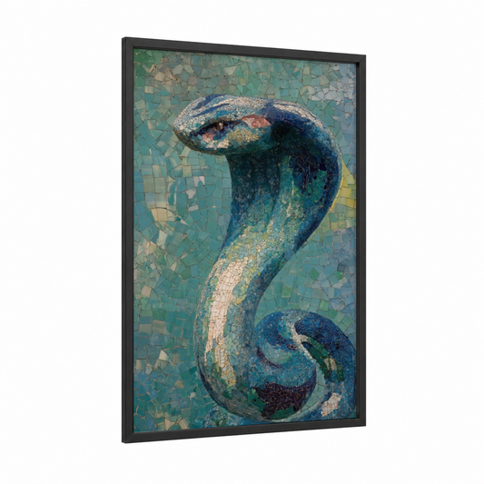 Mosaic Cobra framed art print — black wood frame — teal and sage green palette