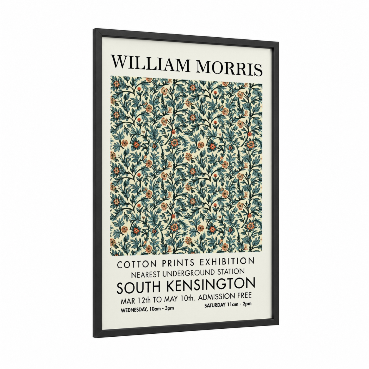 William Morris Floral framed abstract flower print — black wood frame — dark blue and gold palette