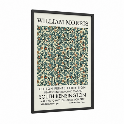 William Morris Floral framed abstract flower print — black wood frame — dark blue and gold palette